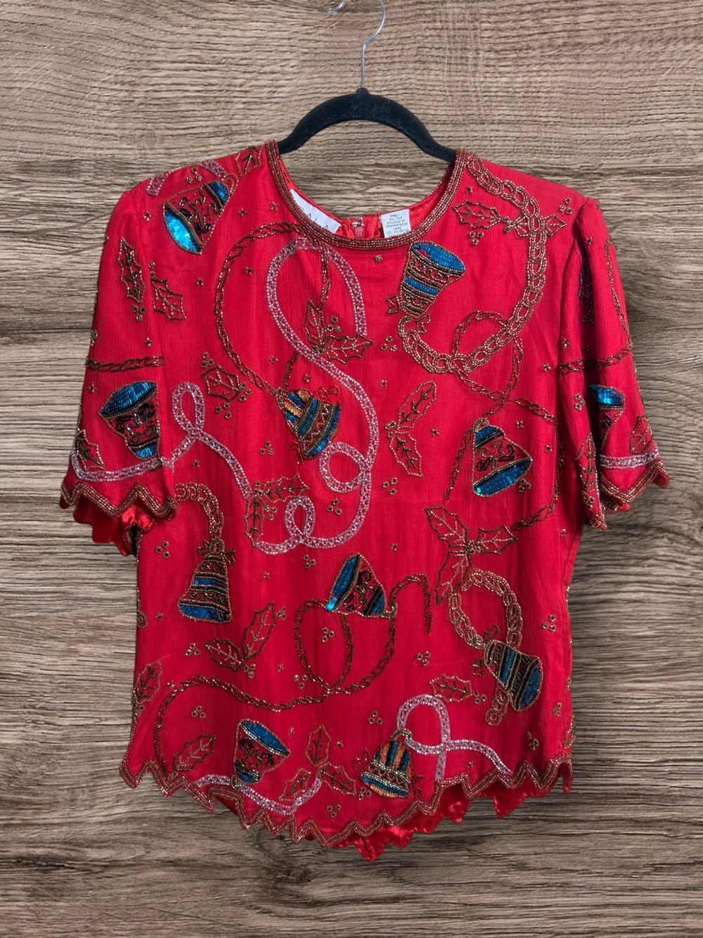 Vintage scala, heavily beaded red silk Christmas top large